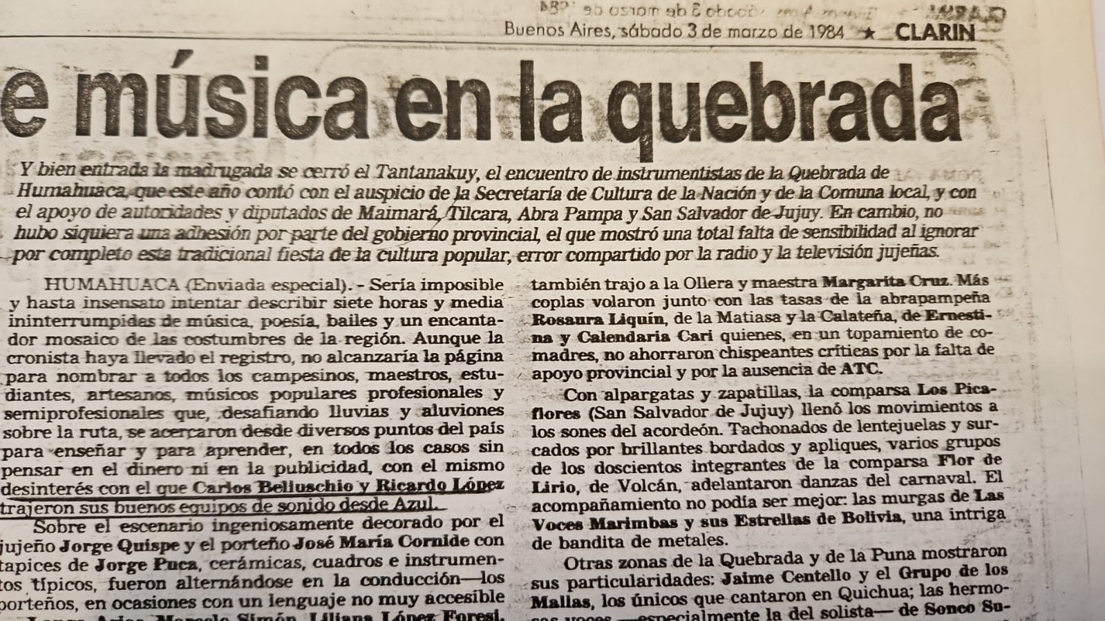 Recorte de Clarín de 1984 que menciona equipos Pro-Watt llegados desde Azul